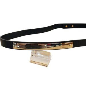 Calvin Klein Black Logo Belt Gold Tone Plaque Minimalist Modern Size: Medium
